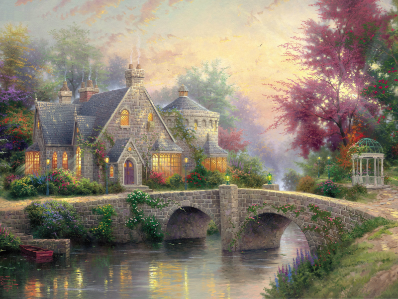 art, manor, lamps, thomas kinkade, bridge, painting, cottage, Lamplight manor, river, colorful