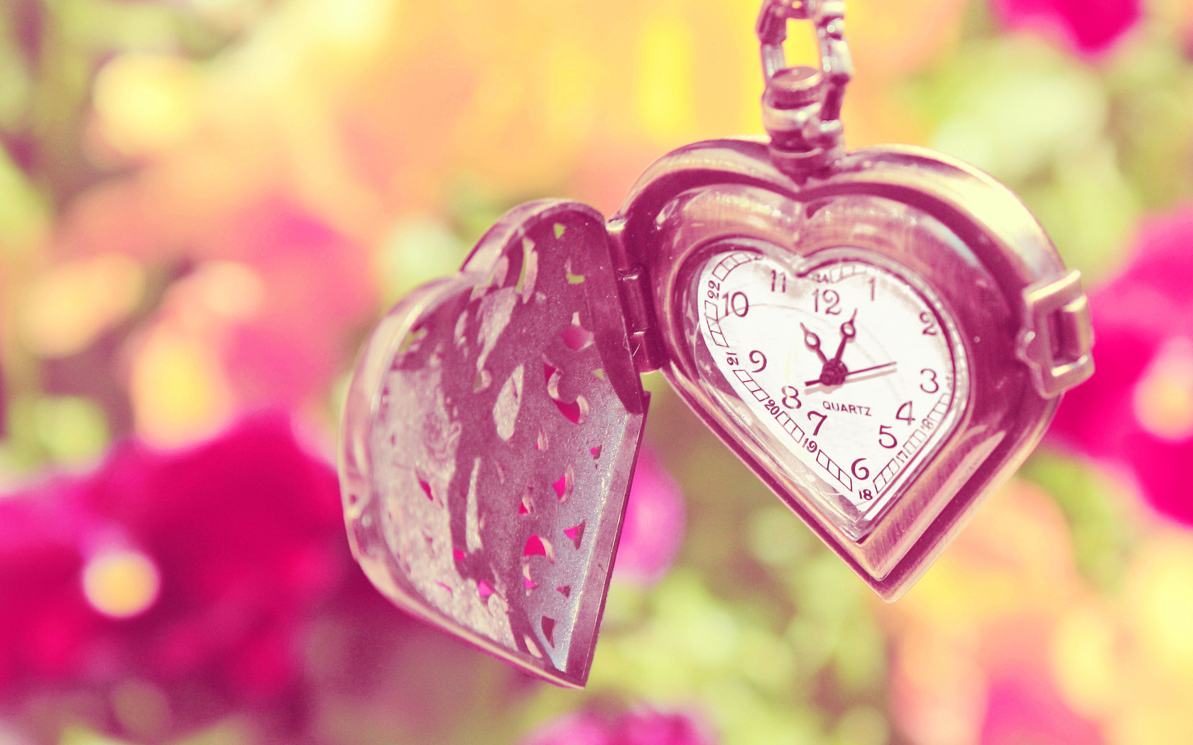 цепочка, сердце, цветы, лето, часы