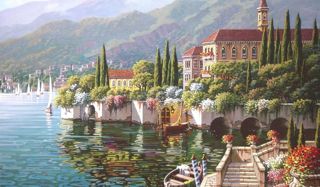 bob pejman, varenna, town, view, verenna reflection, painting, italy