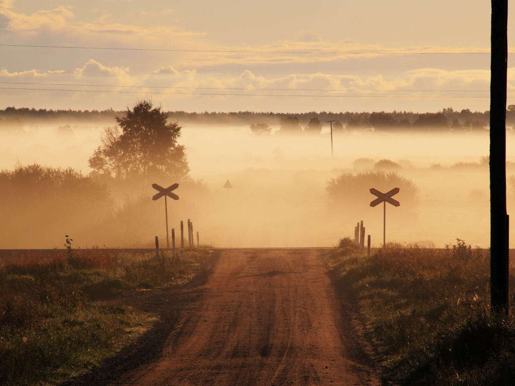 туман, поле, дорога, переезд