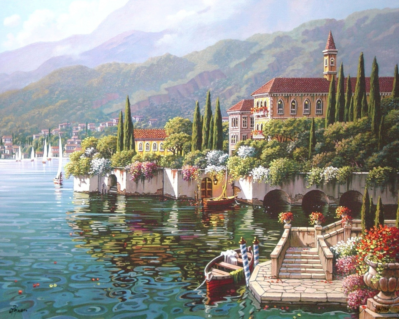 bob pejman, varenna, town, view, verenna reflection, painting, italy