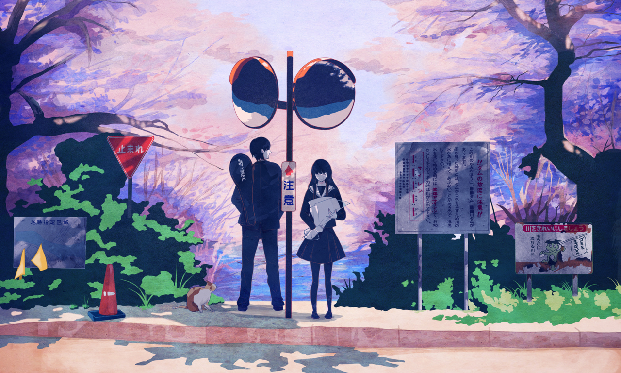 pink, signs, sakura, street, student, bus stop