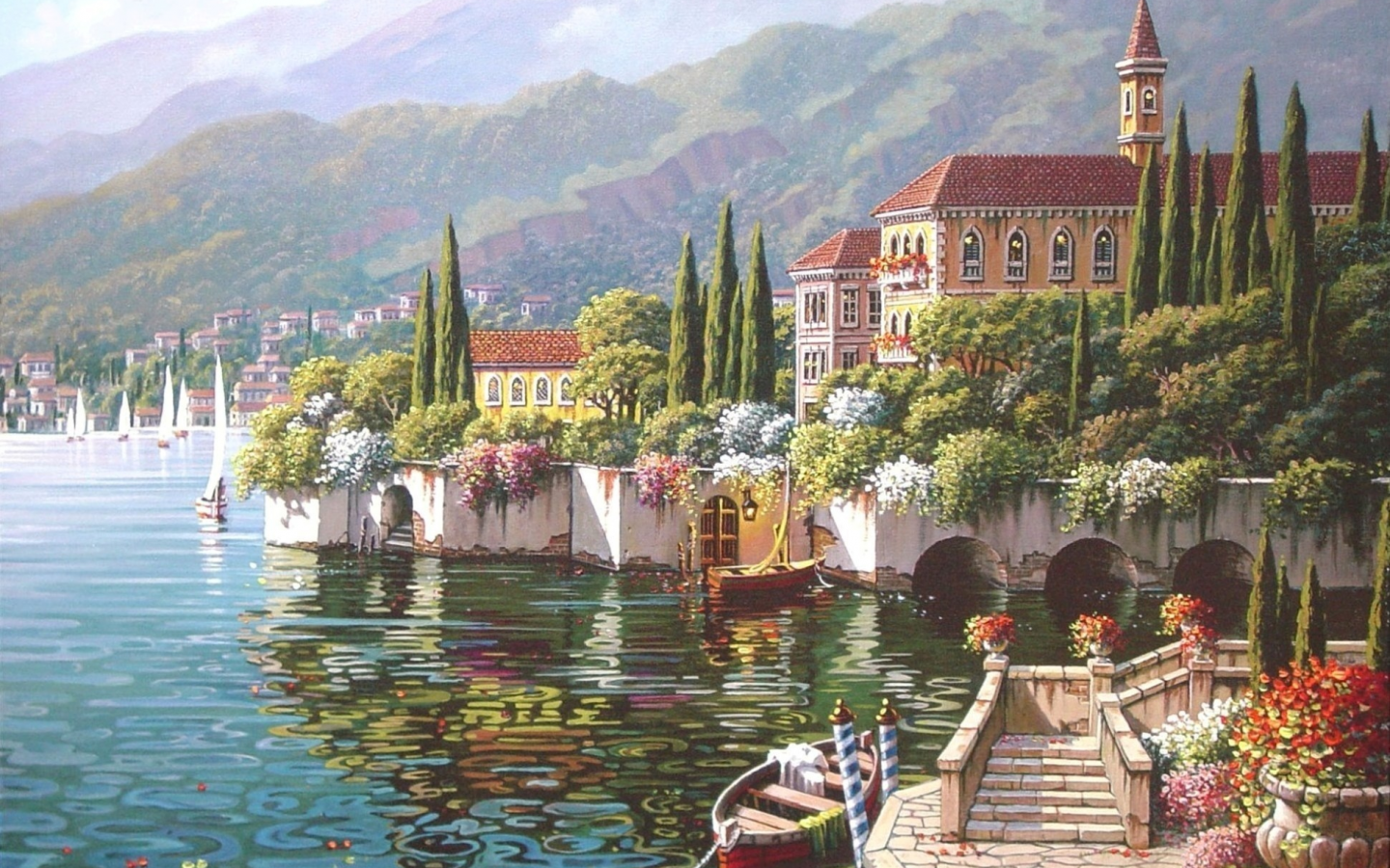 bob pejman, varenna, town, view, verenna reflection, painting, italy