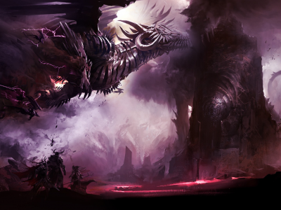 dragon, крепость, guild wars 2, дракон, молнии