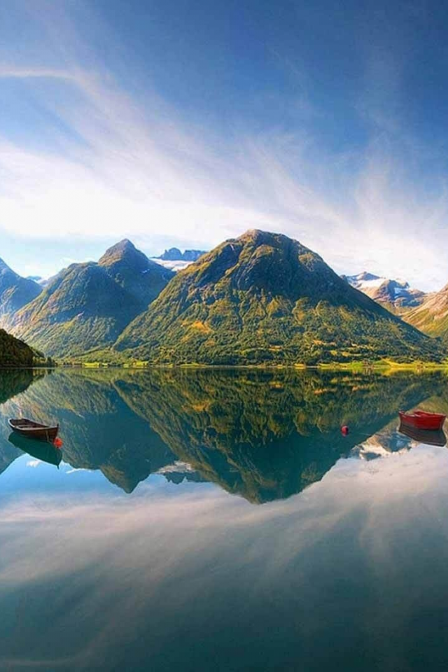 отражение, лодки, горы, небо, озеро