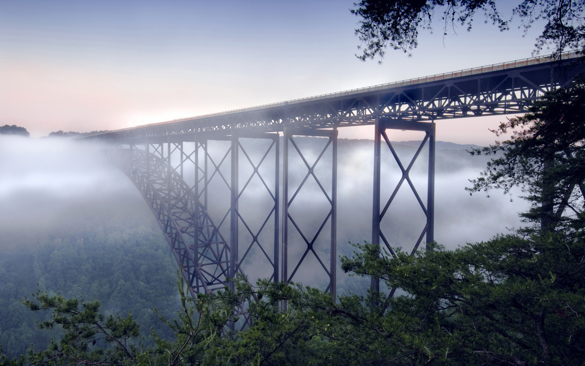 мост, туман, new river gorge bridge, пейзаж