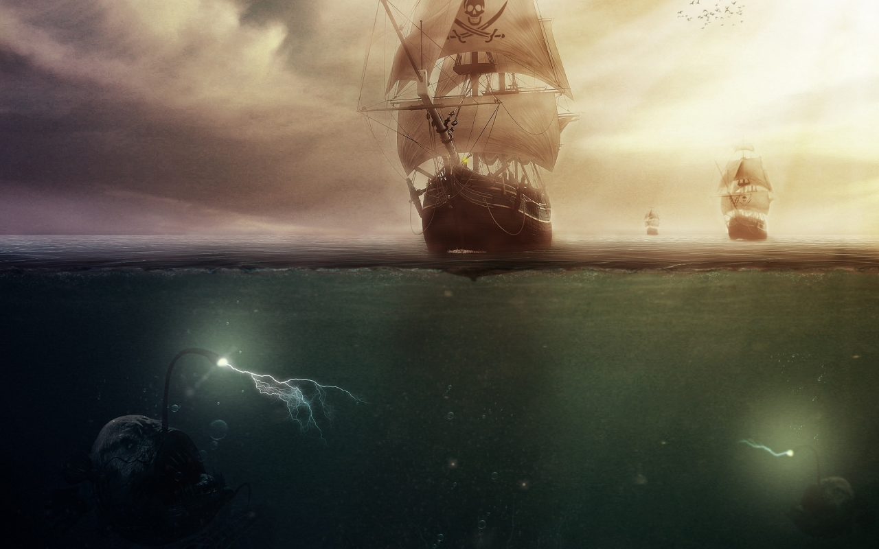 корабль, море, пираты, монстры