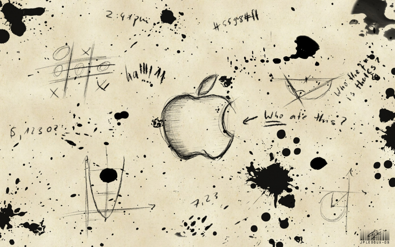 apple, кляксы, записи, бумага, логотип