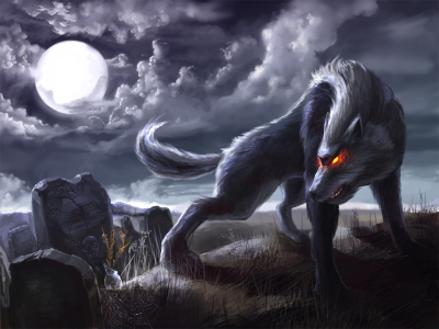 волк, горящие глаза, ночь, луна