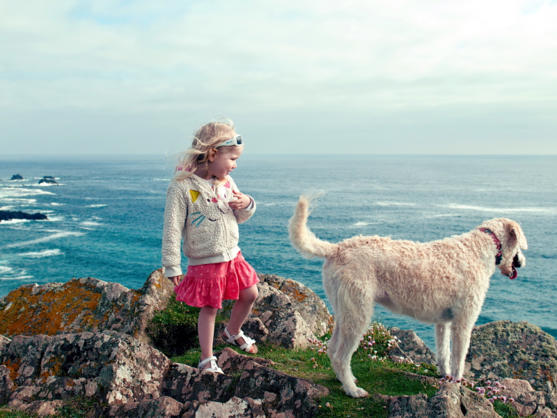 пейзаж, девочка, море, собака