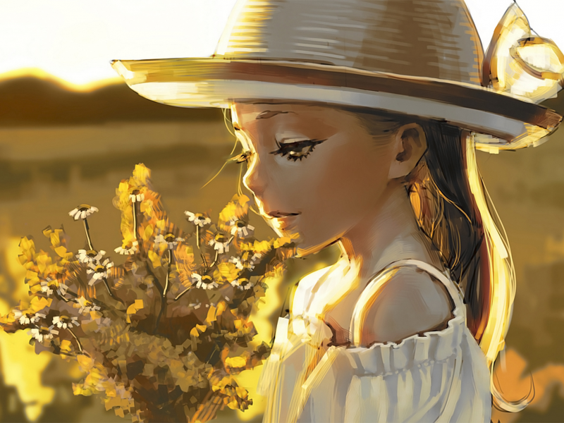 поле, девушка, букет, цветы, шляпа