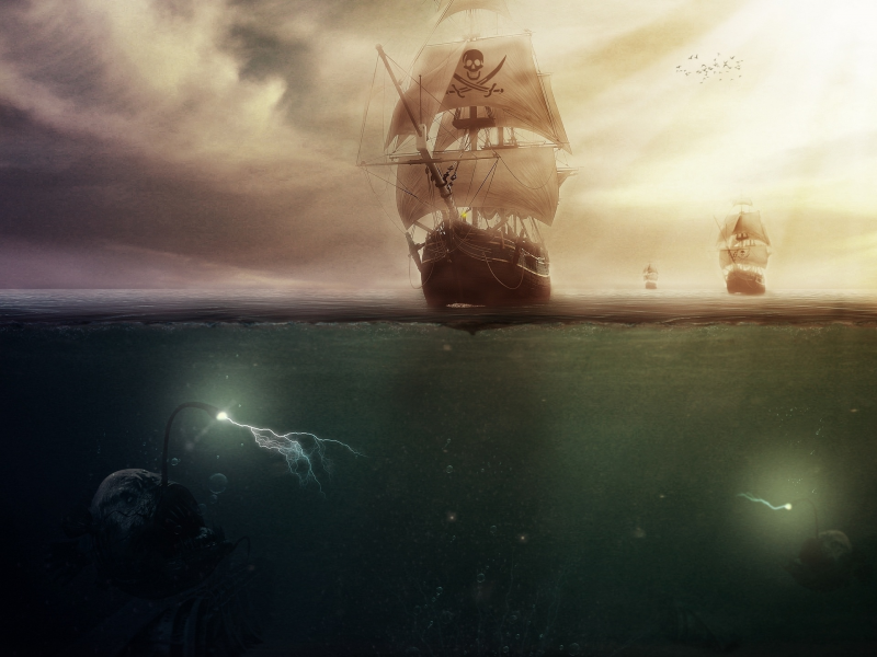 корабль, море, пираты, монстры