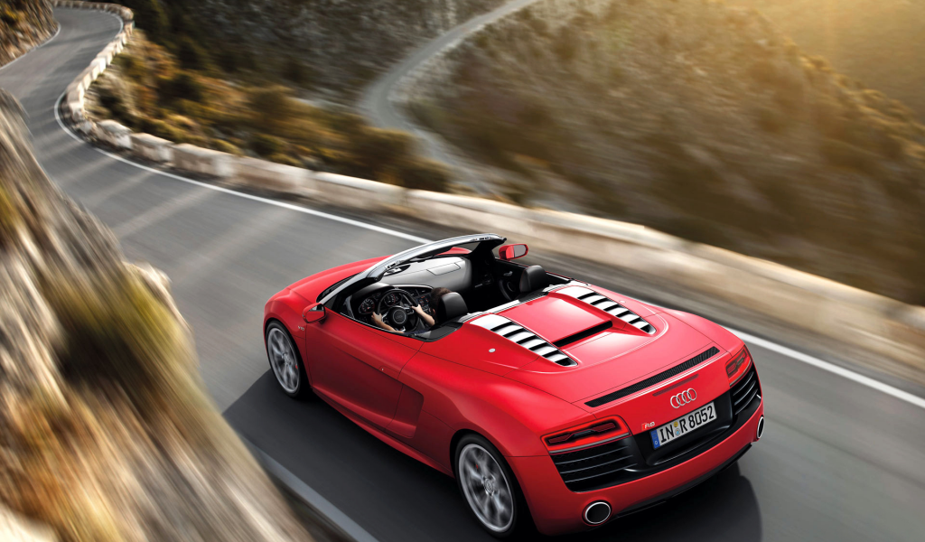 motion, audi r8, road, red, cabrio, mountain, journey