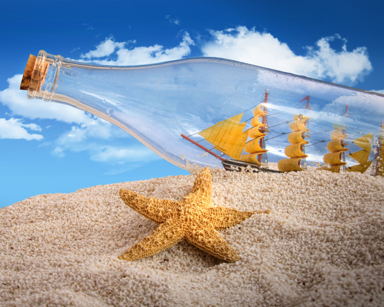 песок, пробка, бутылка, морская звезда
