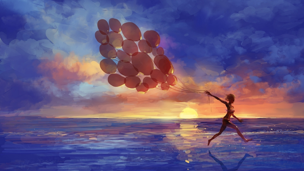 арт, море, воздушные шары, девушка, бег