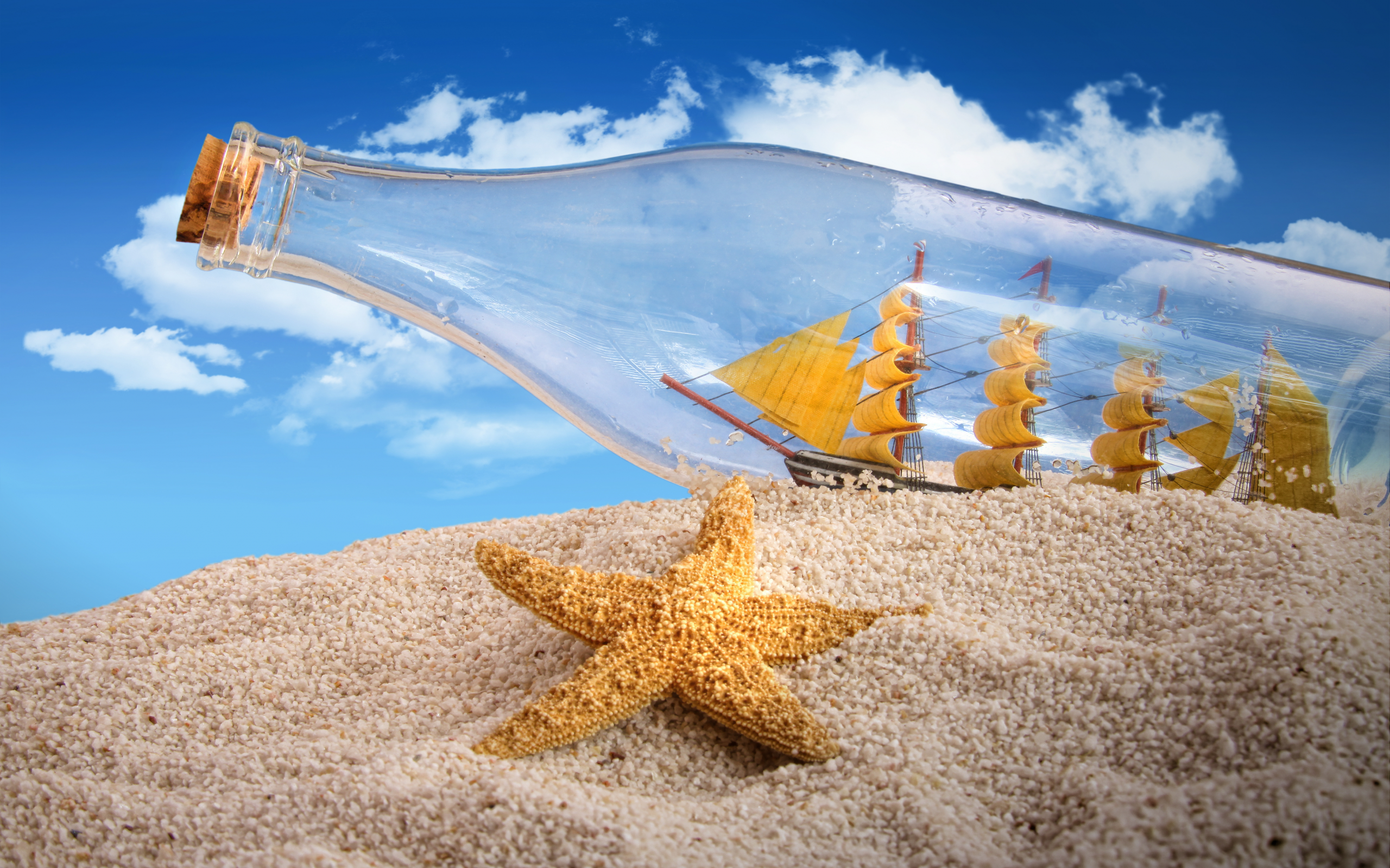песок, пробка, бутылка, морская звезда