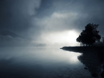 туман, деревья, сумрак, озеро, вода