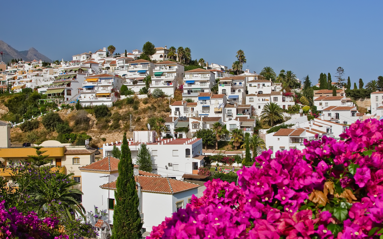 palms, flowers, sky, houses, spain, nerja, tress, spanish landscape