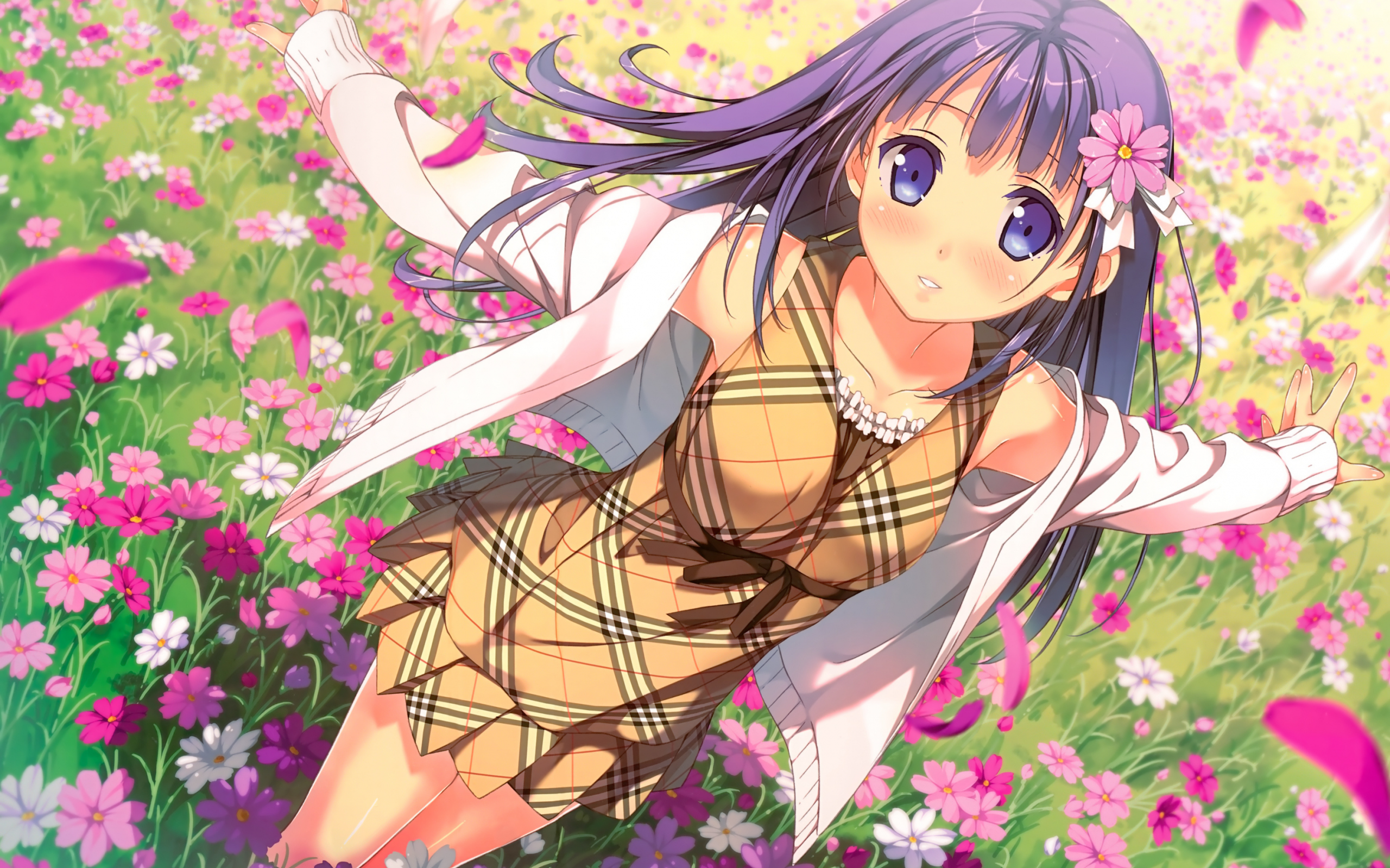 девочка, kantoku, арт, лето, поле, цветы