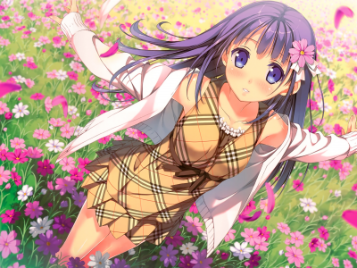 девочка, kantoku, арт, лето, поле, цветы