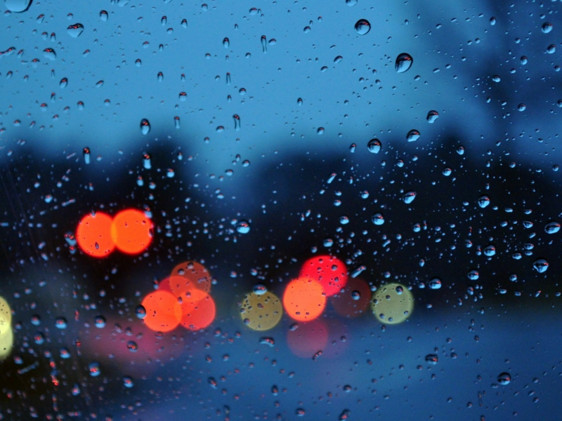 стекло, капли, дождь, вечер, город