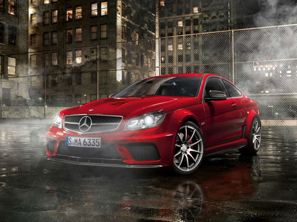 mercedes benz c63, мерседес, amg, ночь, улица