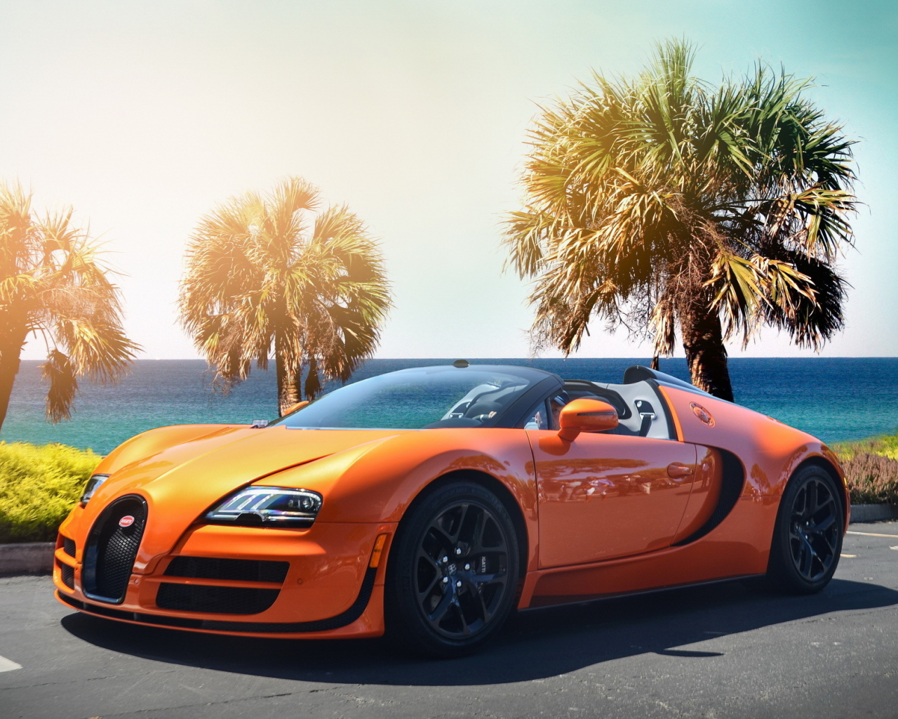 veyron, гиперкар, bugatti, пляж, оранжевый