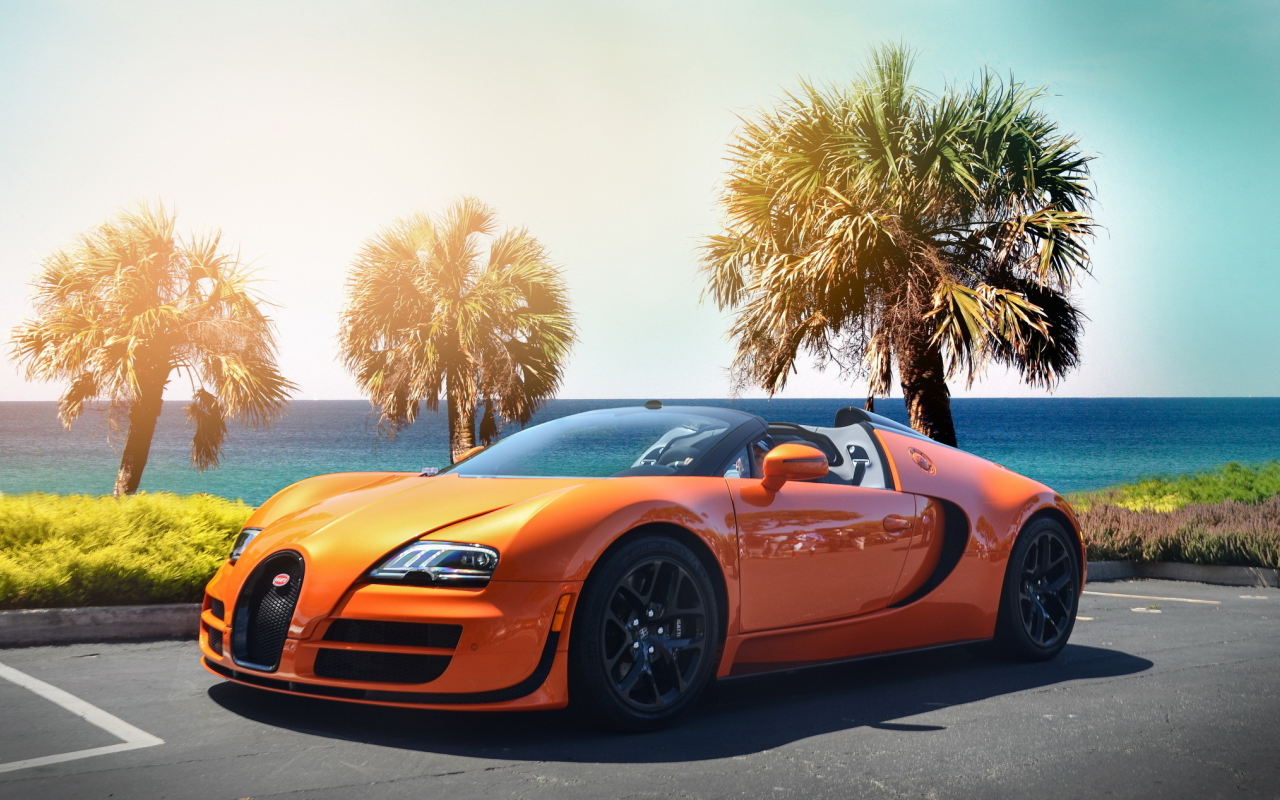 veyron, гиперкар, bugatti, пляж, оранжевый