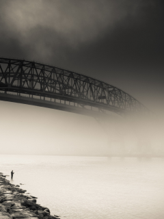 туман, город, река, мост