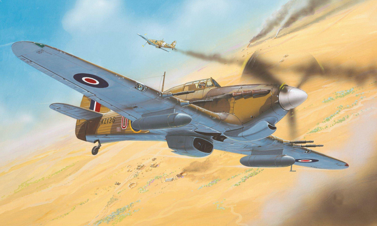 hurricane mk ii, пустыня, истребитель, hawker