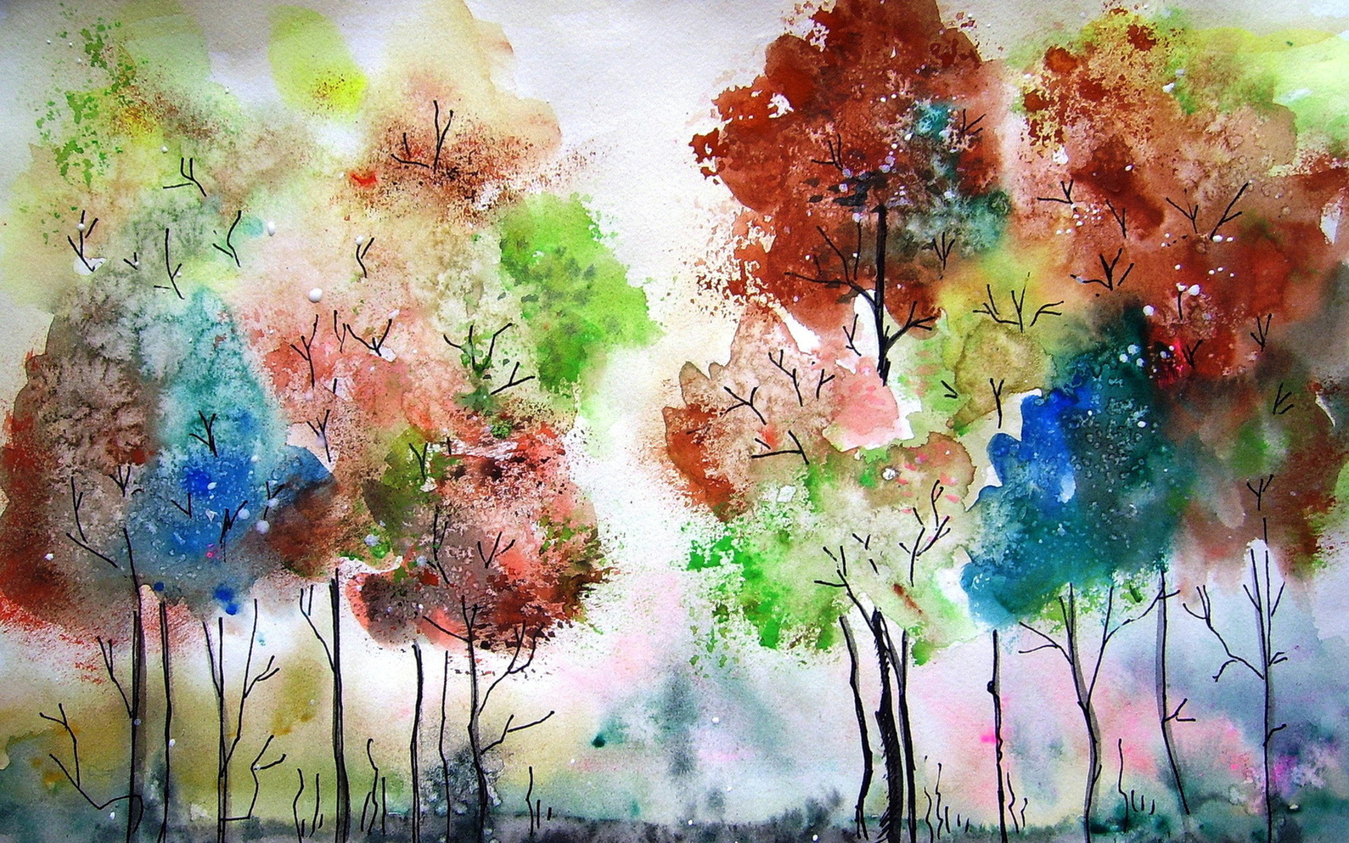 осень, лес, рисунок, краски, деревья