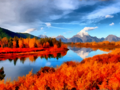 арт, небо, река, холмы, осень, деревья
