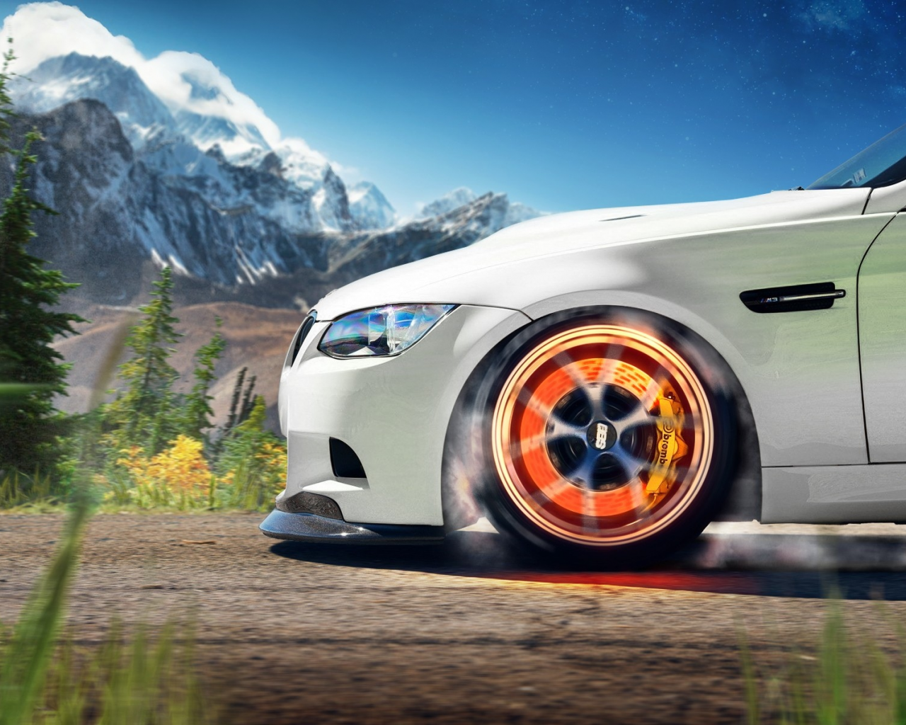 Yuriy Shopa, hills, BMW, snow, Yuri Shopa, landscapes, DeviantART, M3, automotive, overheat, mountains, cars, brembo, nature, digital art, artwork, trees, smoke, yurishopa, , skies, heat, forest, brakes, stars