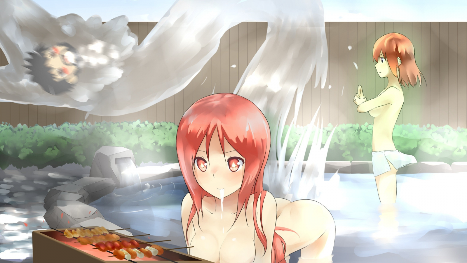 original characters, оранжевые глаза, orange eyes, towels, anime girls, оранжевыми волосами, красные глаза, red eyes, water, drool, барбекю, рыжие, полотенца, аниме девушки, ванна, горячие источники, food, long hair, оригинальные персонажи, декольте,