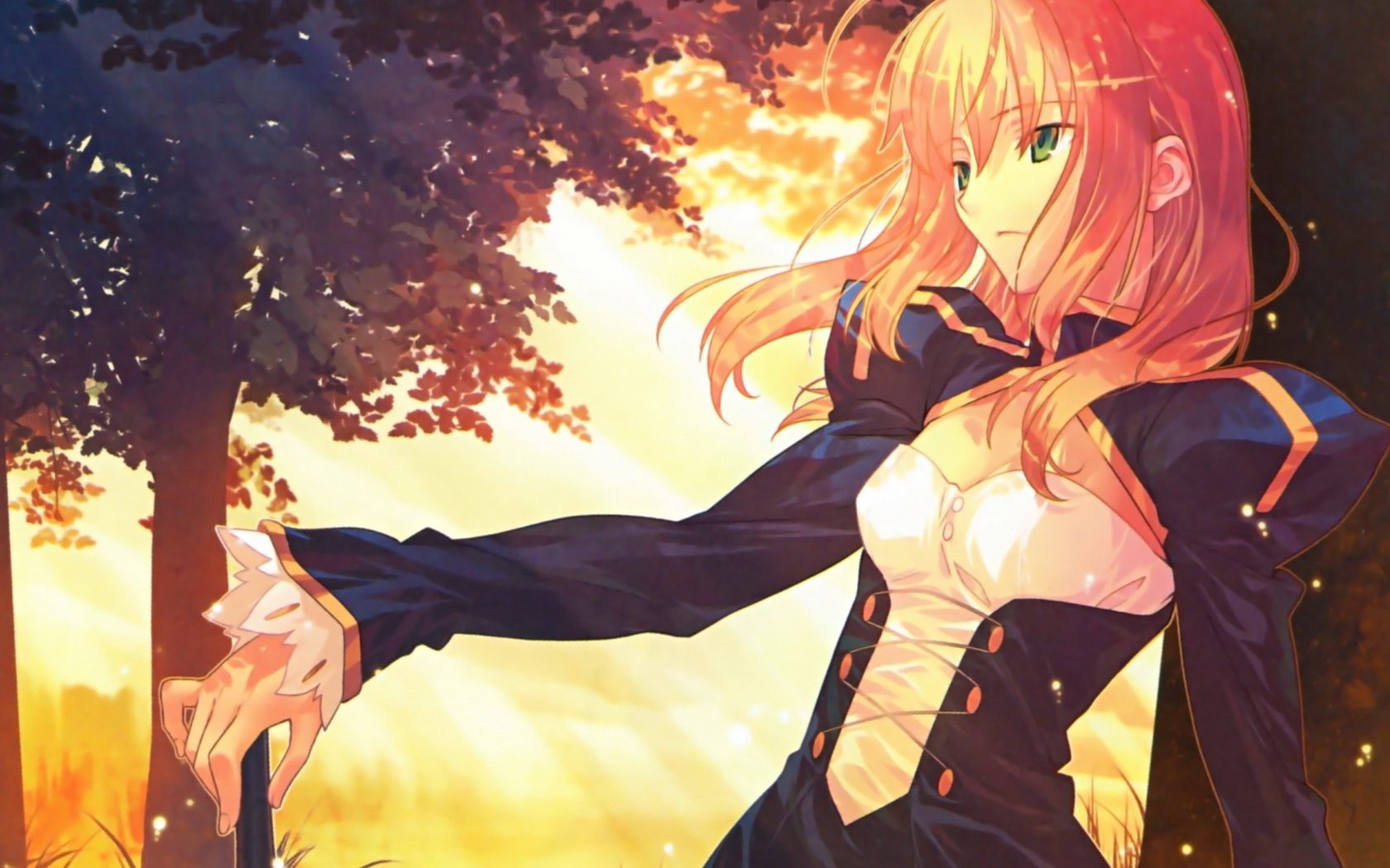 video games, Fate series, оружие, swords, trees, визуальный роман, Saber, long hair, платья, Fate / Stay Night, sunlight, длинные волосы, солнечный свет, visual novel, зеленые волосы, Fate/Stay Night, аниме девушки, блондинки, синее платье, blue dres