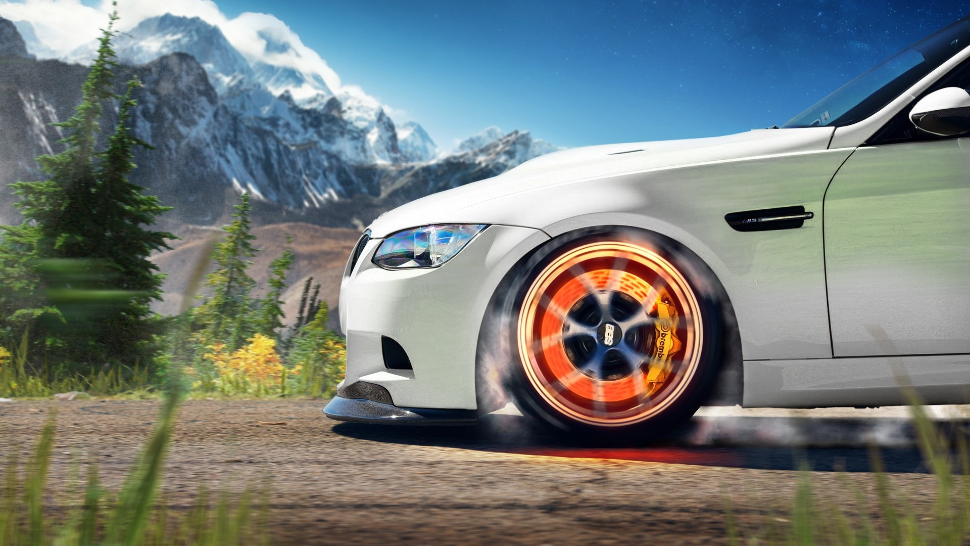 Yuriy Shopa, hills, BMW, snow, Yuri Shopa, landscapes, DeviantART, M3, automotive, overheat, mountains, cars, brembo, nature, digital art, artwork, trees, smoke, yurishopa, , skies, heat, forest, brakes, stars