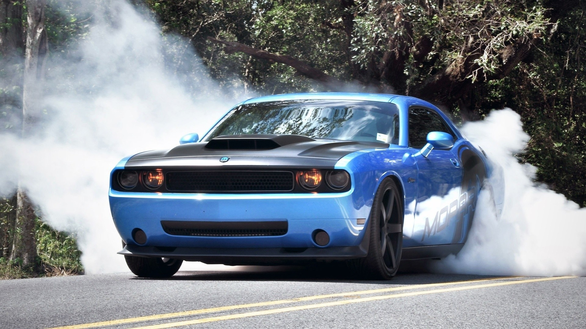 cars, Dodge Challenger SRT, автомобили, мышцы автомобилей, muscle cars, дым, выгорания, синий, blue, smoke, burnout