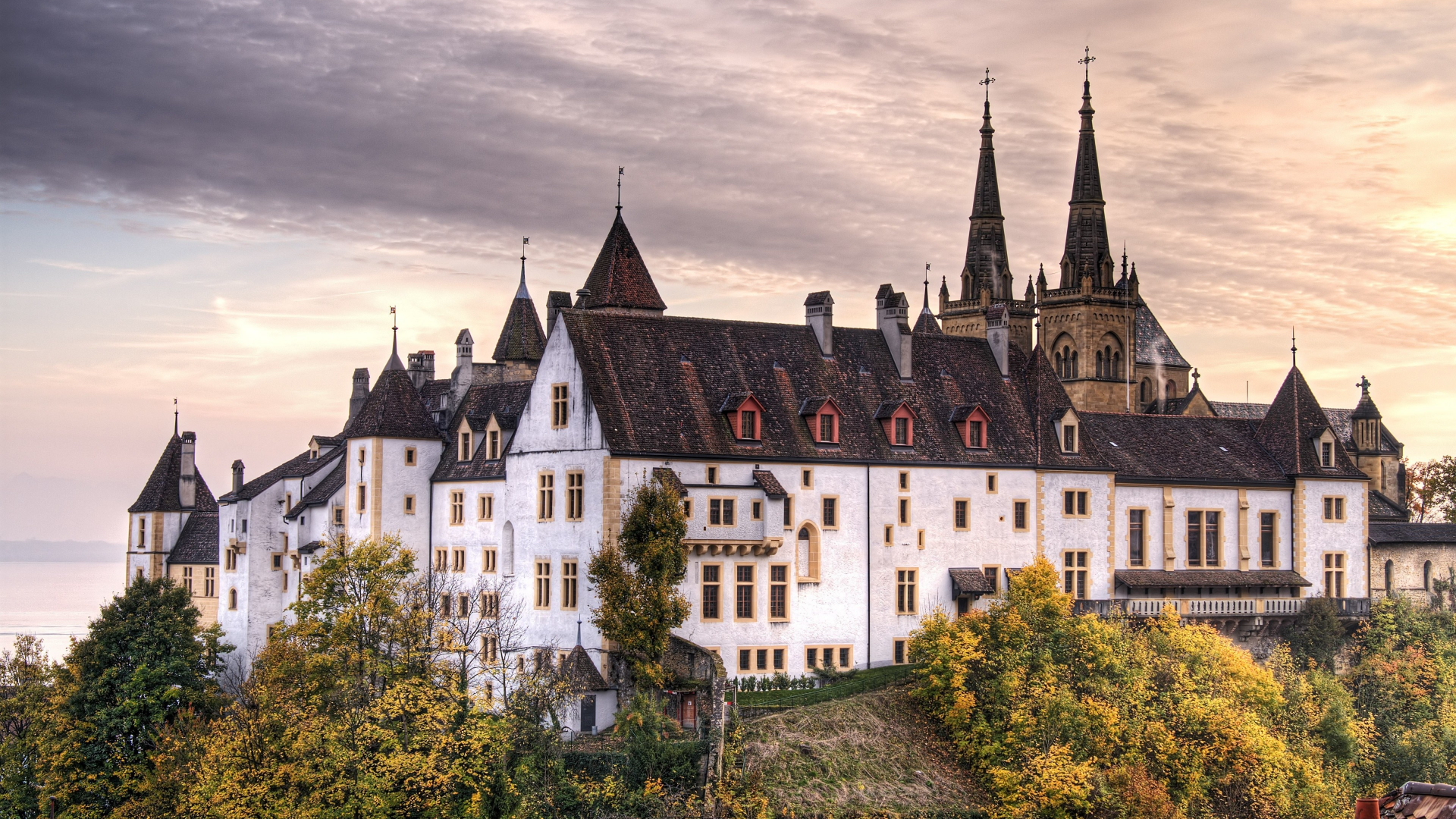 castle, Деревья, замок, trees, Швейцария, Switzerland