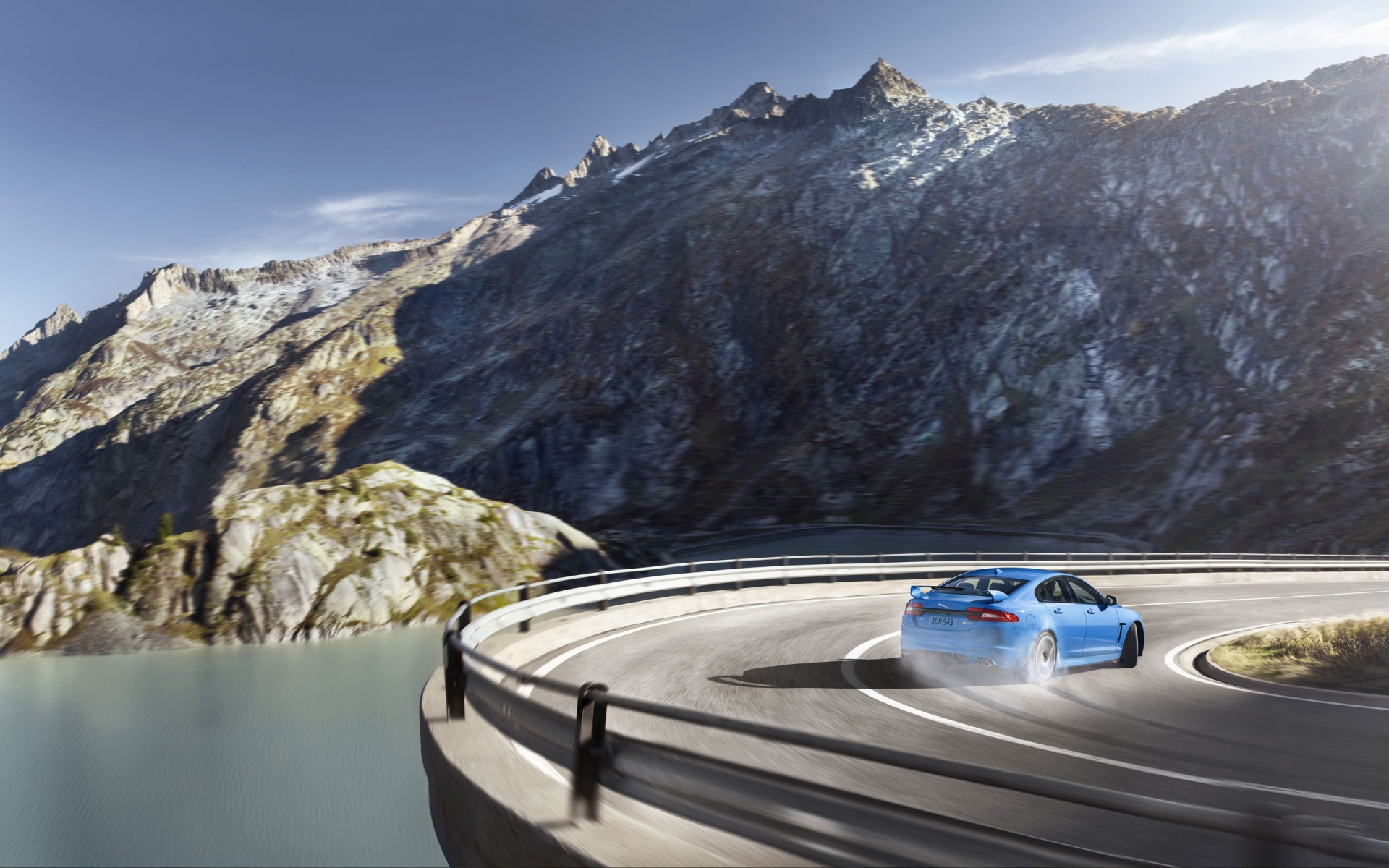 roads, Jaguar XFR, дрейф, mountains, rivers, горы, skies, природа, дороги, 2014, реках, nature, drift, небо, supercars, суперкары