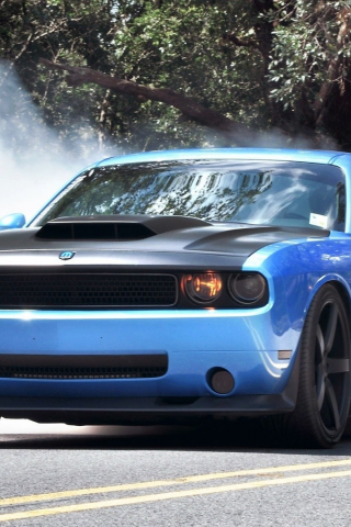 cars, Dodge Challenger SRT, автомобили, мышцы автомобилей, muscle cars, дым, выгорания, синий, blue, smoke, burnout