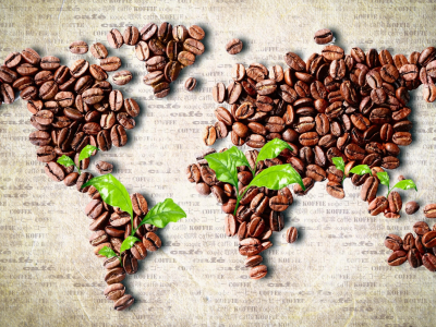 coffee beans, Листья, кофе в зернах, leaves, карта мира, continents, континенты, world map