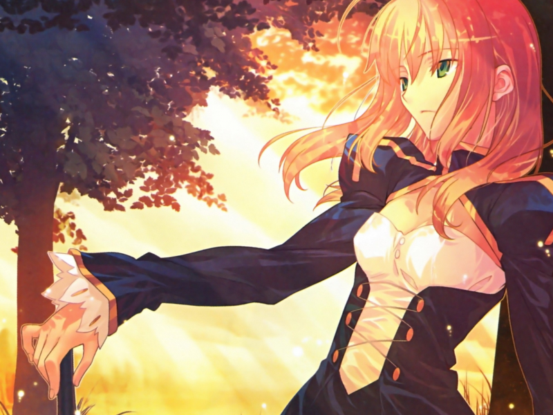 video games, Fate series, оружие, swords, trees, визуальный роман, Saber, long hair, платья, Fate / Stay Night, sunlight, длинные волосы, солнечный свет, visual novel, зеленые волосы, Fate/Stay Night, аниме девушки, блондинки, синее платье, blue dres