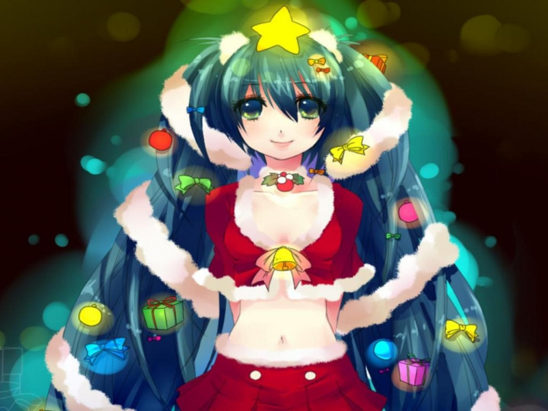 Hatsune Miku, Christmas, рождественские, Christmas trees, winter, anime, аниме, аниме девушки, новогодние елки, anime girls, Зимой