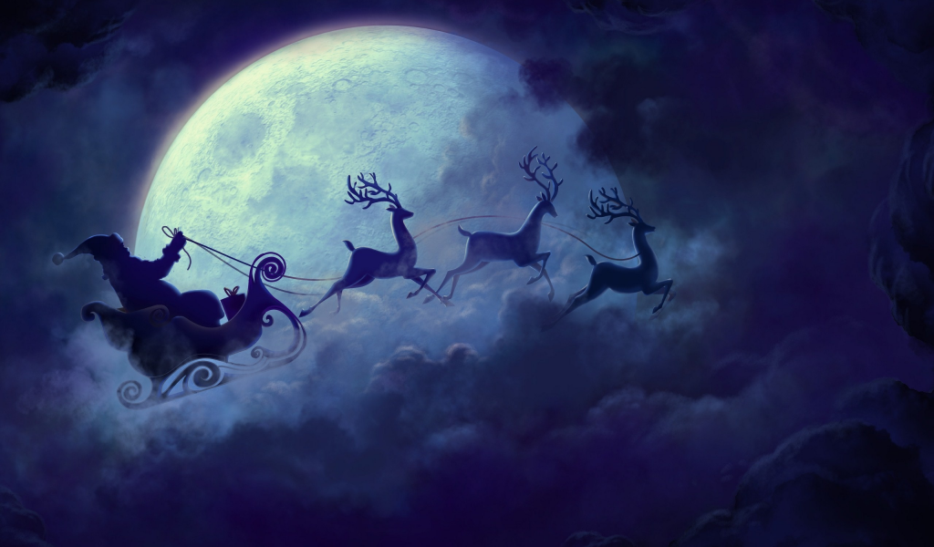 Christmas, Рождество, полет, Санта-Клаус, луна, Santa Claus, Moon, олени, reindeer, flying