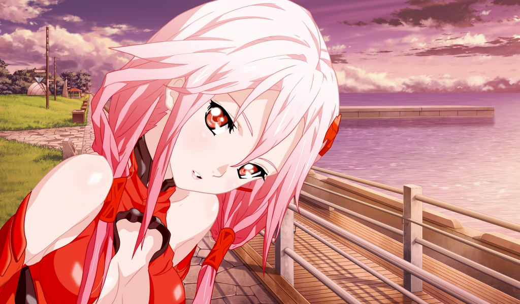 pink hair, red eyes, bare shoulders, Guilty Crown, Yuzuriha Inori, , railing, detached sleeves, hair ornaments, bodysuits, sea, red dress, water, cleavage, grass, clouds, faces, outdoors, anime girls, long hair, skies