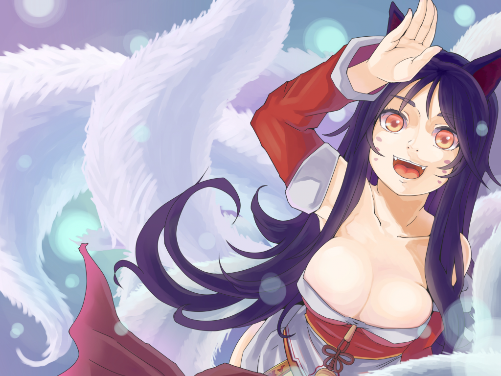 video games, anime girls, tails, League of Legends, animal ears, Ahri, , cleavage