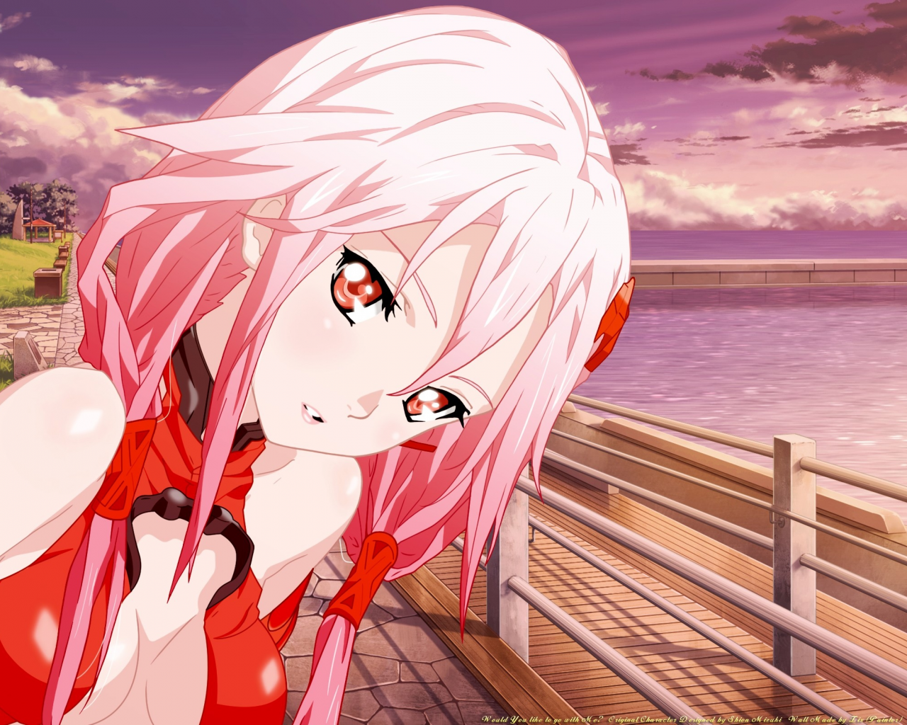 pink hair, red eyes, bare shoulders, Guilty Crown, Yuzuriha Inori, , railing, detached sleeves, hair ornaments, bodysuits, sea, red dress, water, cleavage, grass, clouds, faces, outdoors, anime girls, long hair, skies