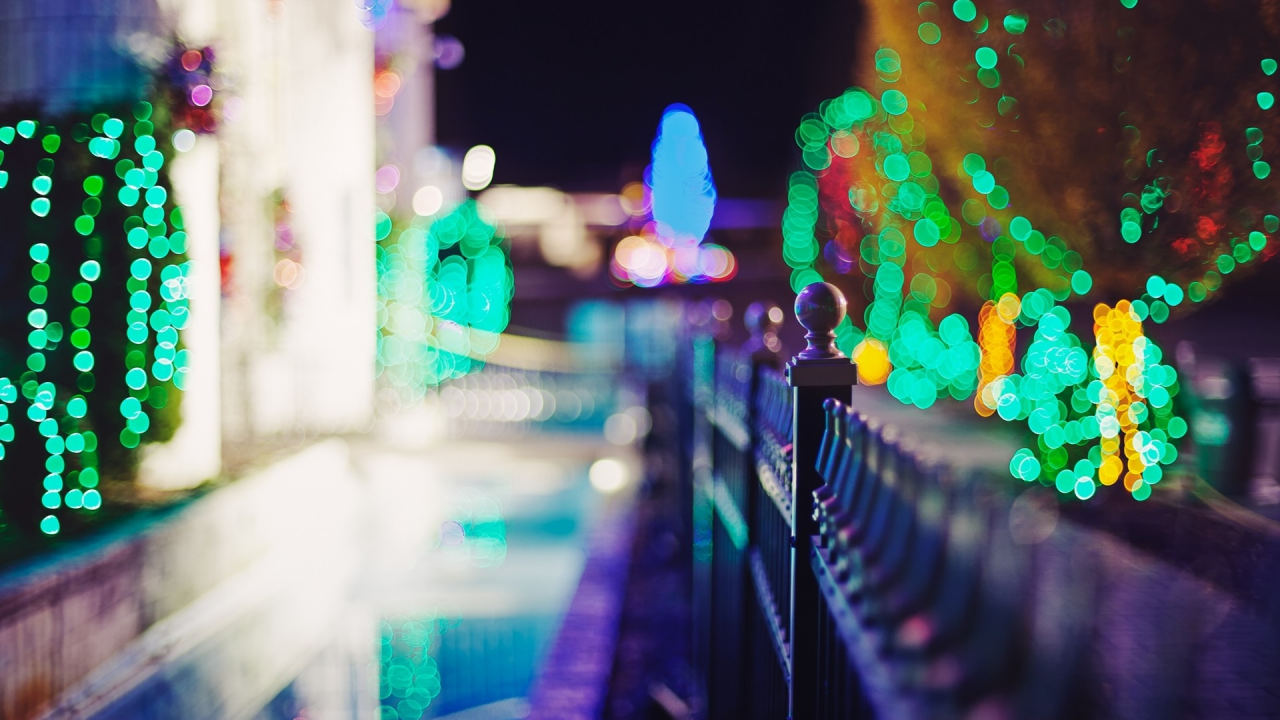 боке, многоцветная, деревья, depth of field, lights, украшения, Рождество, bokeh, multicolor, decorations, trees, fences, Christmas, заборы, глубина резкости, фонари