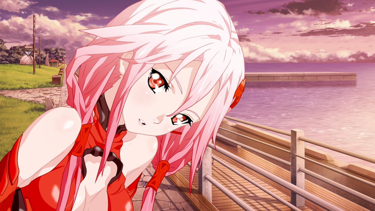 pink hair, red eyes, bare shoulders, Guilty Crown, Yuzuriha Inori, , railing, detached sleeves, hair ornaments, bodysuits, sea, red dress, water, cleavage, grass, clouds, faces, outdoors, anime girls, long hair, skies