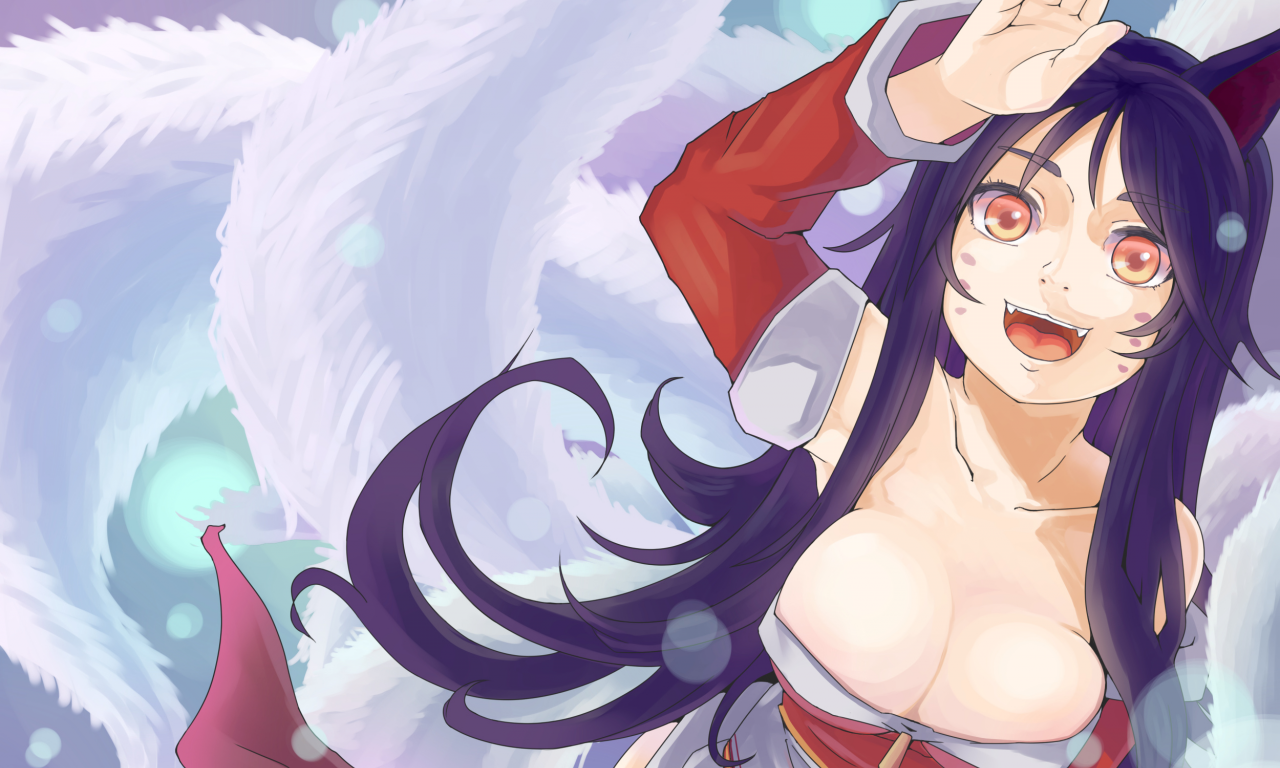 video games, anime girls, tails, League of Legends, animal ears, Ahri, , cleavage